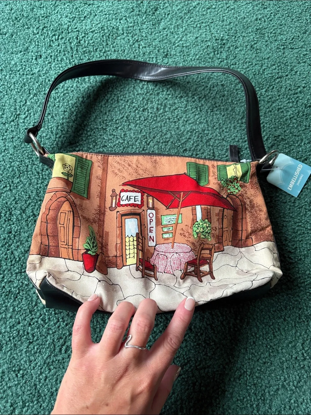 Canvas Cafe Scene Shoulder Bag in Multi-Color
